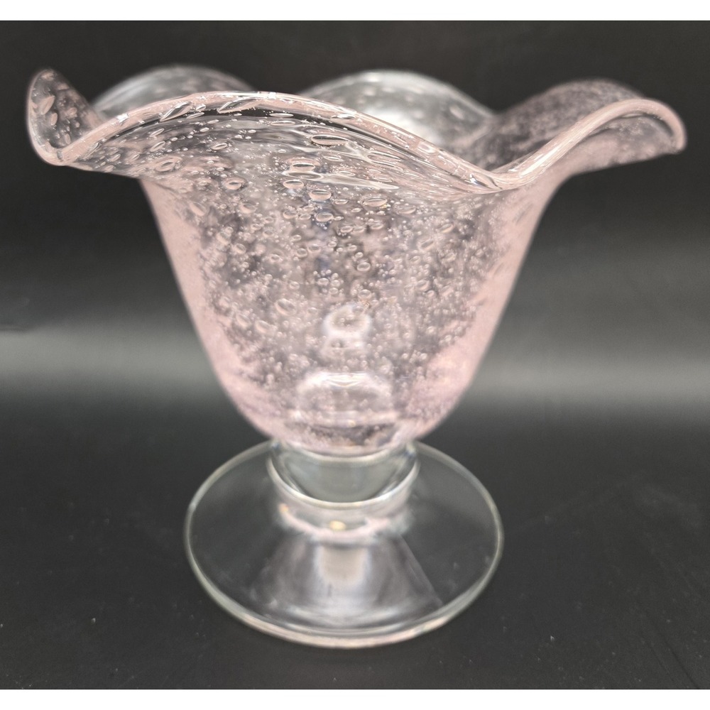 Vintage Pink Vase. Hand Blown Many Fun Bubbles Ruffled Rim
